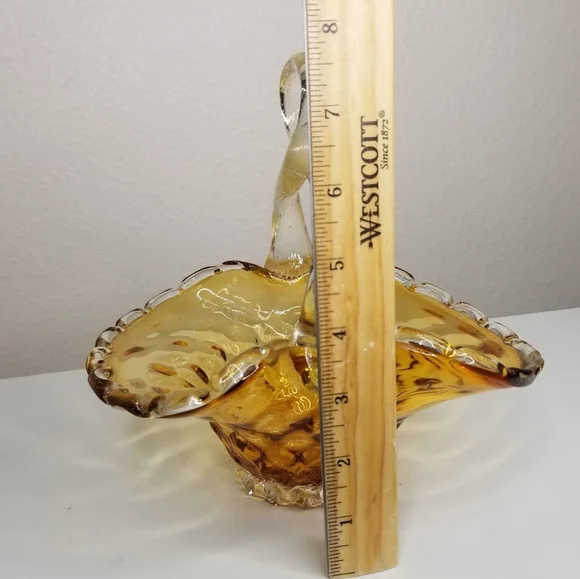Murano Style Hand Blown Amber Glass Infused Gold Flake Loop Handle Basket - Picture 9 of 11